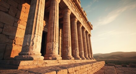 Obraz premium Stone temple facade with columns under a clear sky at sunrise