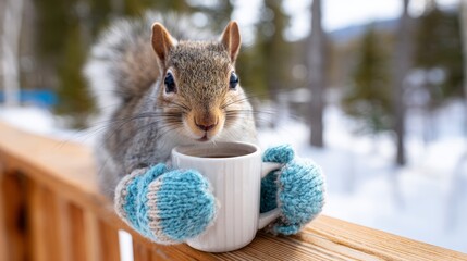 Squirrel enjoying warm drink while wearing cute blue mittens in a snowy landscape