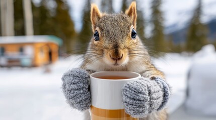 Squirrel holding a warm drink in cozy mittens during a snowy winter day in the forest