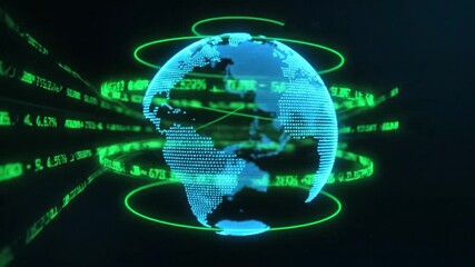 A futuristic digital globe with glowing green data streams and concentric rings, representing global finance and technology. - Powered by Adobe