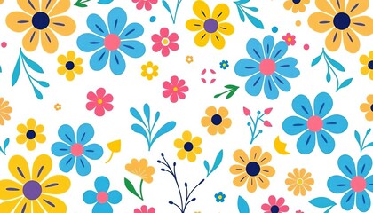 Fototapeta premium Whimsical yellow, blue, pink floral pattern; simple shapes, white background, summer, yellow