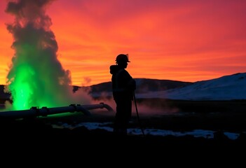 Obraz premium Worker silhouette against geothermal pipes, Iceland, contrast, labor