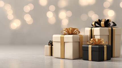 Elegant gift boxes with gold and black ribbons in soft focus holiday setting