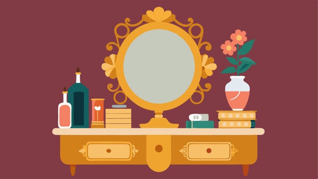 An ornate gilded mirror hanging above a modern console table displaying a collection of unique trinkets and accessories.