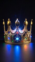 Gold crown with glowing colorful jewels on black
