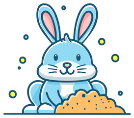 Obraz premium Cute blue cartoon rabbit character sitting behind a pile of sand or dirt vector illustration