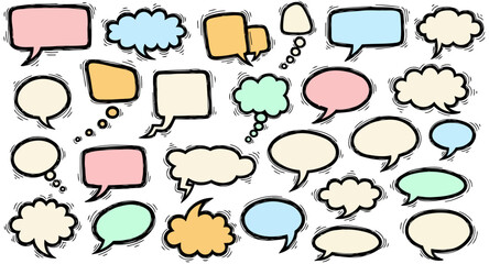 Set of Hand Drawn Speech Bubbles in Different Shapes and Colors for Communication and Ideas