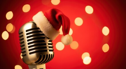 A festive vintage microphone adorned with a Santa hat against a red backdrop with twinkling lights, evoking a holiday atmosphere for musical performances.