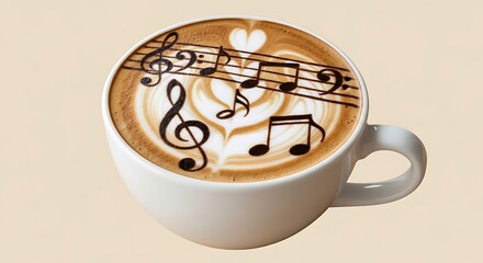 Latte art featuring musical notes and symbols in a white cup on a light background creating a melody