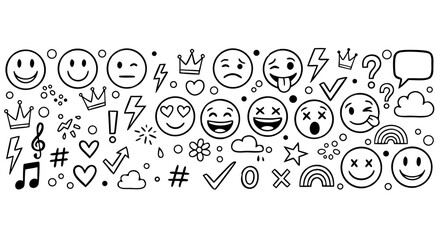 Set of hand-drawn emoticons, symbols, and doodles for creative design and expressive communication