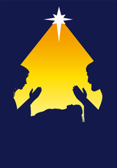 Christmas Nativity scene with silhouette Holy family, Jesus in manger and Bethlehem star. Art design for Merry Christmas greeting card or banner. Vector illustration