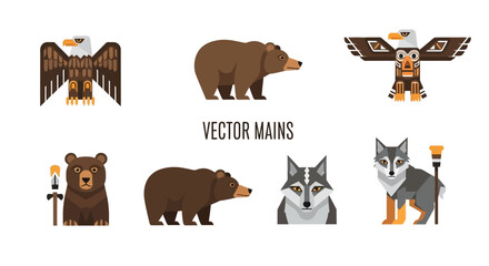 Obraz premium Northwest Coast Native American Animals and Totem Pole Illustrations.