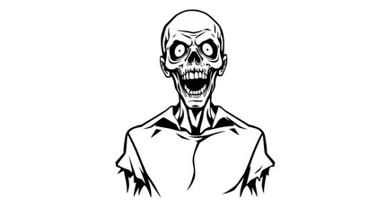 A black and white illustration of a grinning, undead zombie with a skeletal face.