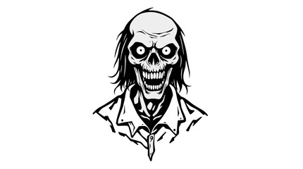A black and white illustration of a grinning, undead zombie with a skeletal face.