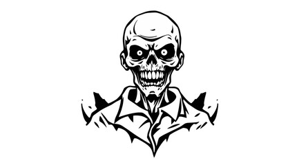 A black and white illustration of a grinning, undead zombie with a skeletal face.