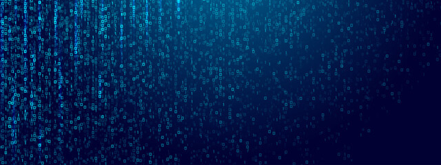 Blue glowing binary code rain background. Futuristic matrix style with data stream, abstract computer system, digital tech effect and cyber security information pattern. Vector illustration