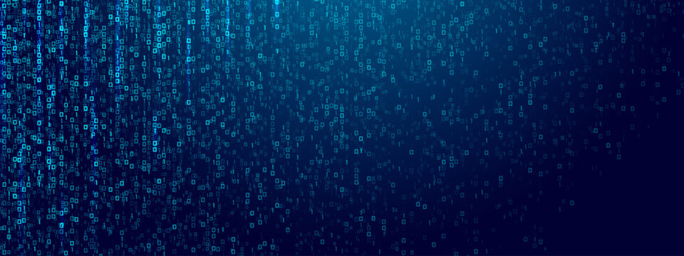 Blue glowing binary code rain background. Futuristic matrix style with data stream, abstract computer system, digital tech effect and cyber security information pattern. Vector illustration