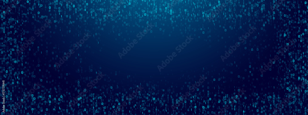 Wall mural blue binary rain background with glowing 0 and 1 digits. abstract matrix effect, digital data stream