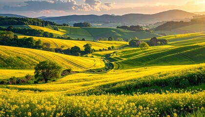 Fototapeta premium Golden Rapeseed Fields and Distant Urban Buildings Aerial View Under Bright Sunlight Scenic Agricultural Landscape and City Skyline Background