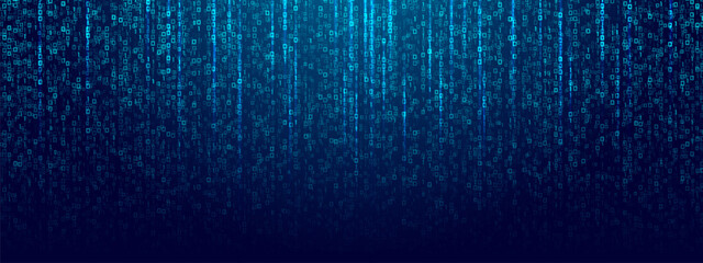 Obraz na płótnie Canvas Binary code rain background in blue. Abstract matrix effect with flowing numbers 0 and 1. Futuristic tech, data stream, cyber security, computer software and digital system design.