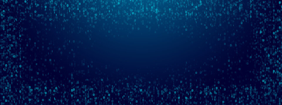 Blue binary rain background with glowing 0 and 1 digits. Abstract matrix effect, digital data stream, futuristic tech code, cyber security and computer software design. Vector illustration