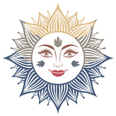 Smiling Sun Face with Rays and Decorative Elements, Floral, Bohemian Style Vector Illustration