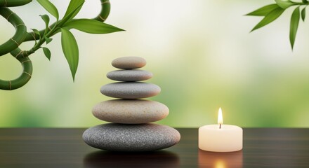 Obraz premium A serene Zen garden scene with smooth grey stones, a lit candle, and lush green bamboo leaves on a blurred natural backdrop, evoking tranquility and relaxation.