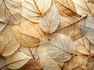 Closeup of dried skeleton leaves with intricate vein patterns