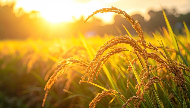 Golden Rice Field at Sunset with Glistening Dew and Warm Sunlight