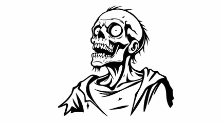 A black and white illustration of a grinning, undead zombie with a skeletal face.