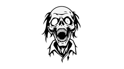 A black and white illustration of a grinning, undead zombie with a skeletal face.