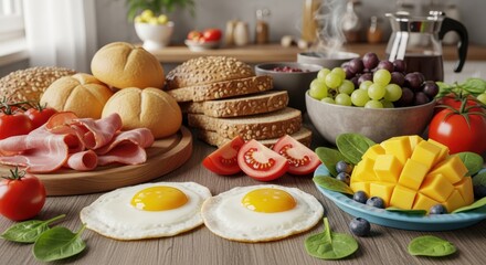 Hearty breakfast spread with fresh ingredients including bread, eggs, tomatoes, fruits, and meat on a wooden table.