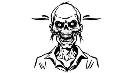 A black and white illustration of a grinning, undead zombie with a skeletal face.