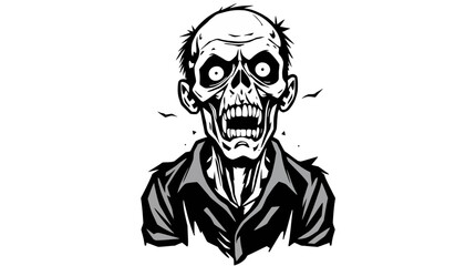 A black and white illustration of a grinning, undead zombie with a skeletal face.