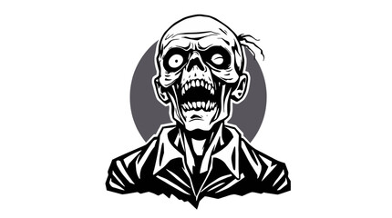 A black and white illustration of a grinning, undead zombie with a skeletal face.