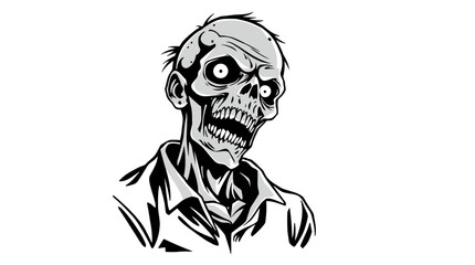 A black and white illustration of a grinning, undead zombie with a skeletal face.