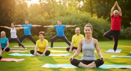 A group of people practicing yoga together in a lush, natural setting. Surrounded by greenery and sunlight, they engage in various mindfulness exercises as a group activity.