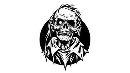 A stark black and white illustration of a skeletal undead creature, with a hollow eye socket and tattered clothing.