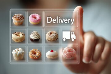 A futuristic digital food delivery interface with food delivery car icon, finger pressing virtual menu icons of bakery items such as cake, donut, cupcake, and macarons, online ordering illustration.