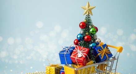 Festive holiday scene with miniature Christmas tree, colorful ornaments, golden star, wrapped gift boxes in a shopping cart, and a joyful, celebratory atmosphere.