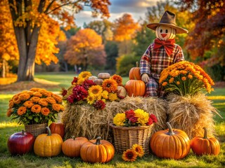 Scarecrow surrounded by pumpkins, mums, and hay bales