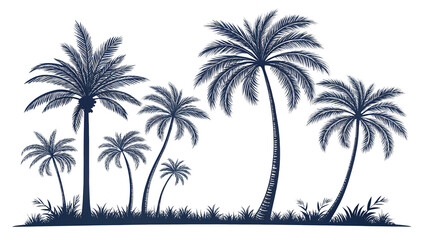 Illustration of several palm trees with grass against a black background scene in dark blue created with generated ai