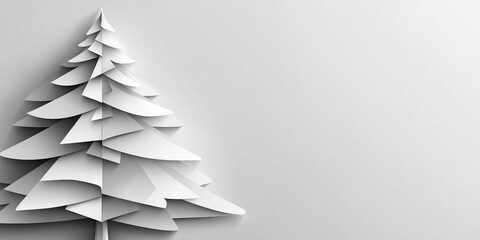 Minimalist, abstract 3D paper craft style Christmas tree made of layered white triangles with shadows on a pale blue background with copy space.