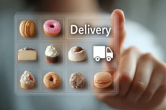 A futuristic digital food delivery interface with food delivery car icon, finger pressing virtual menu icons of bakery items such as cake, donut, cupcake, and macarons, online ordering illustration.