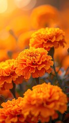 Golden Marigold Blooms in Warm Sunlight Aromatic Field Vertical Composition