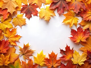 Frame of colorful autumn maple leaves on white background