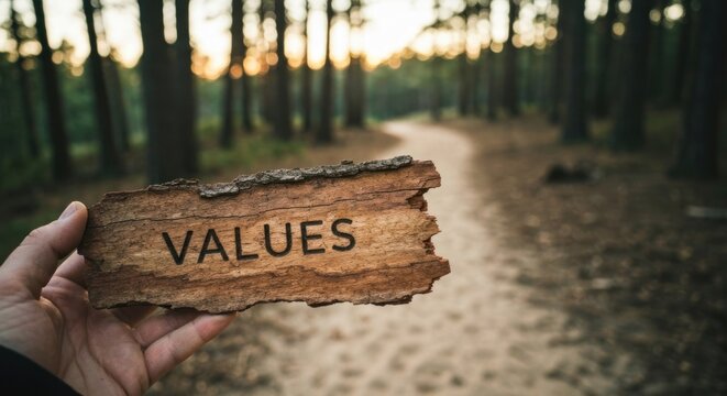 VALUES" written on bark held in hand, blurry forest path background