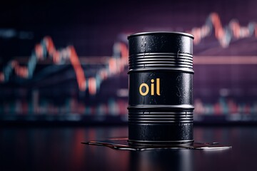 oil barrel with spilled crude oil in front of a digital screen showing a volatile financial stock market graph.