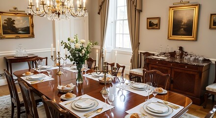 Elegant dining room table set for a formal dinner party with flowers and candlelight ambiance