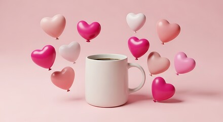 Coffee mug surrounded by floating heart balloons on a soft pink background for valentine's day